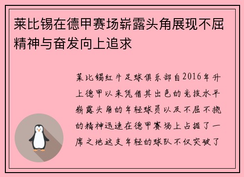 莱比锡在德甲赛场崭露头角展现不屈精神与奋发向上追求